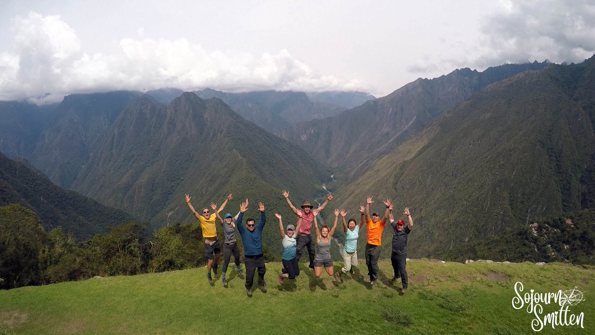 Day 3 on the Inca Trail - Intipata - Stacy Eskins (fourth from left) - 1,2,3...JUMP!